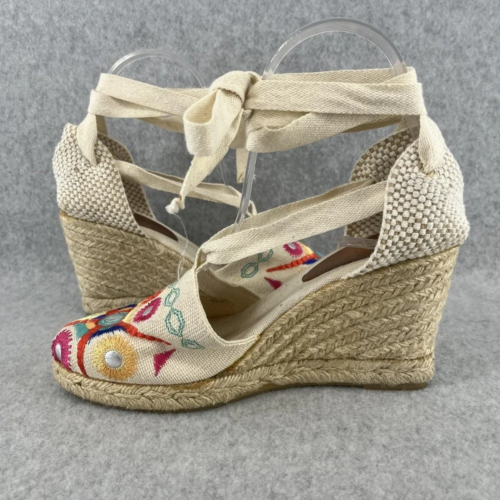 Andre Assous Espadrille Sandals Womens 6.5 Wedge Embroidered Ankle Tie‎ Summer